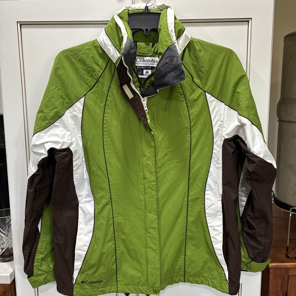Columbia Jacket Womens Large Green Rain Coat Shell Ski Snow Hood Army Olive
